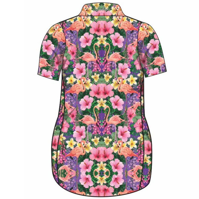 Tropical | Caribbean Flamingo Short Sleeve Lifestyle Dress Z and TEE Aussie Australia Australia Day Australian australian bird australian birds Australiana girls in stock PATTERN AND PLAIN DESIGNS pink purple Women Women's Fishing womens