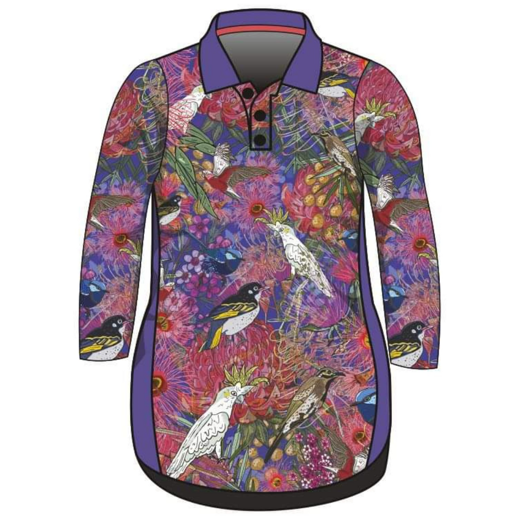 Australian Birds and Blooms Long or Short Sleeve Lifestyle Dress Z and TEE Aussie Australia Australia Day Australian australian bird australian birds Australiana girls in stock PATTERN AND PLAIN DESIGNS pink purple Women Women's Fishing womens