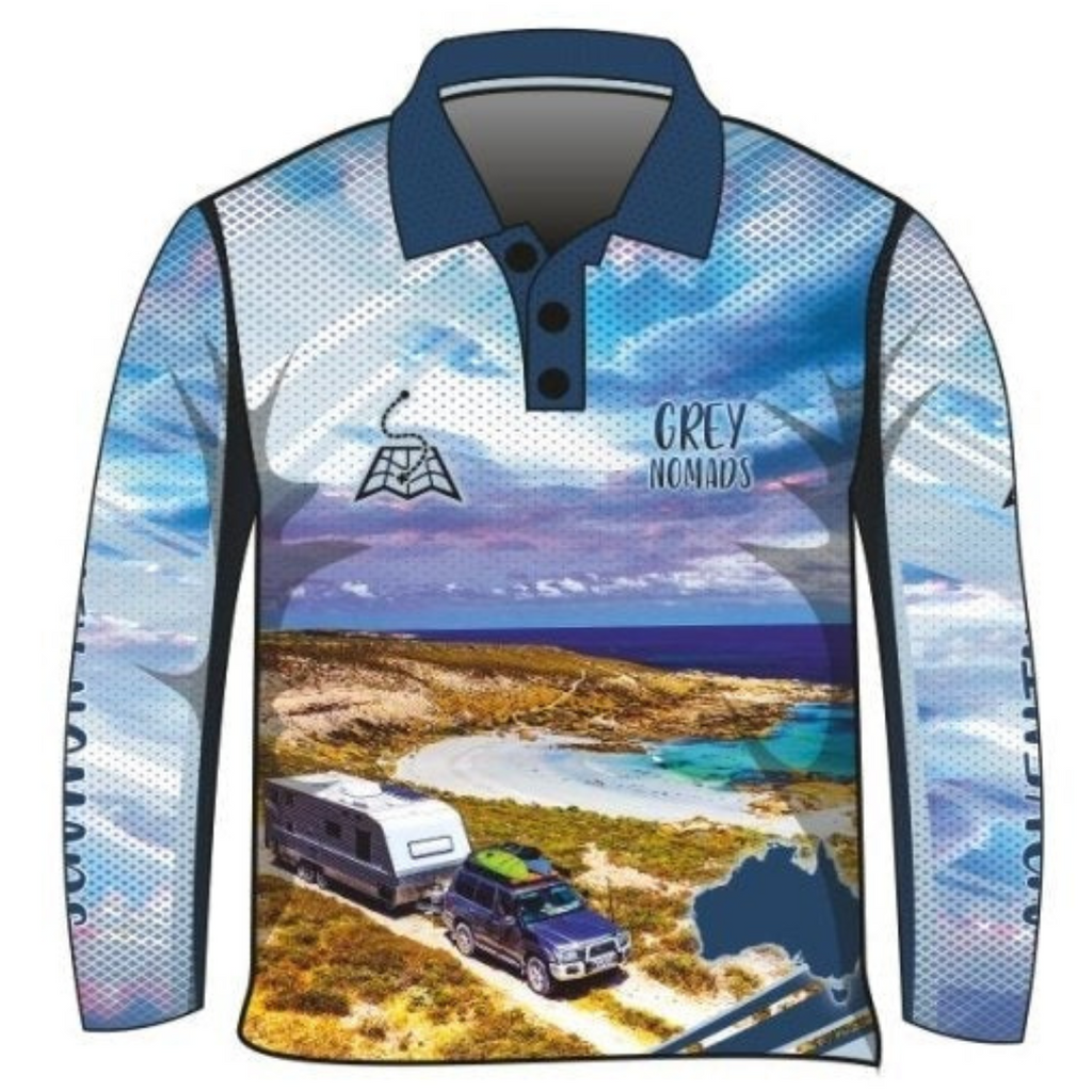 Grey Nomads Caravan Long Sleeve Sun Shirt - Z&Tee Z and TEE Australia Australia Day Australian Australiana BUY2SHIRTS camping CAMPING AND CARAVAN DESIGNS camping shirt DAD In Stock lastchance LJM men offroad quick dry spo-default spo-disabled sun sun shirt sun shirts sunsafe uv z&tee