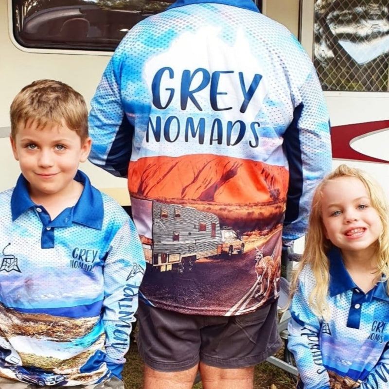 Grey Nomads Caravan Long Sleeve Sun Shirt - Z&Tee Z and TEE Australia Australia Day Australian Australiana BUY2SHIRTS camping CAMPING AND CARAVAN DESIGNS camping shirt DAD In Stock lastchance LJM men offroad quick dry spo-default spo-disabled sun sun shirt sun shirts sunsafe uv z&tee